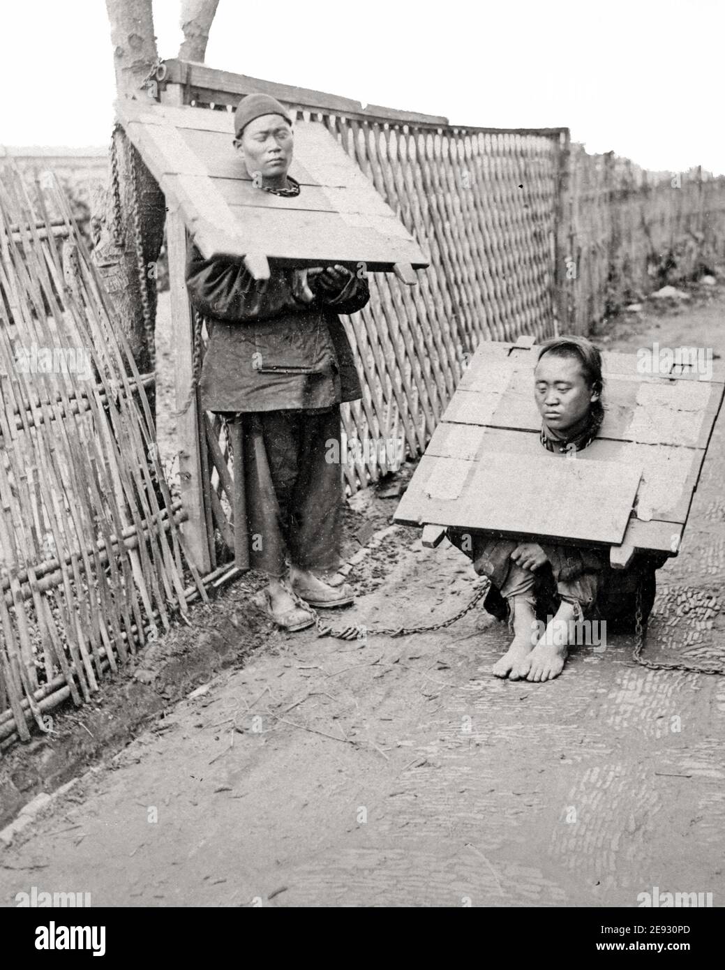 Late 19th century photograph - Chinese men in the cangue, stocks, prisoners, punishment, China. Stock Photo