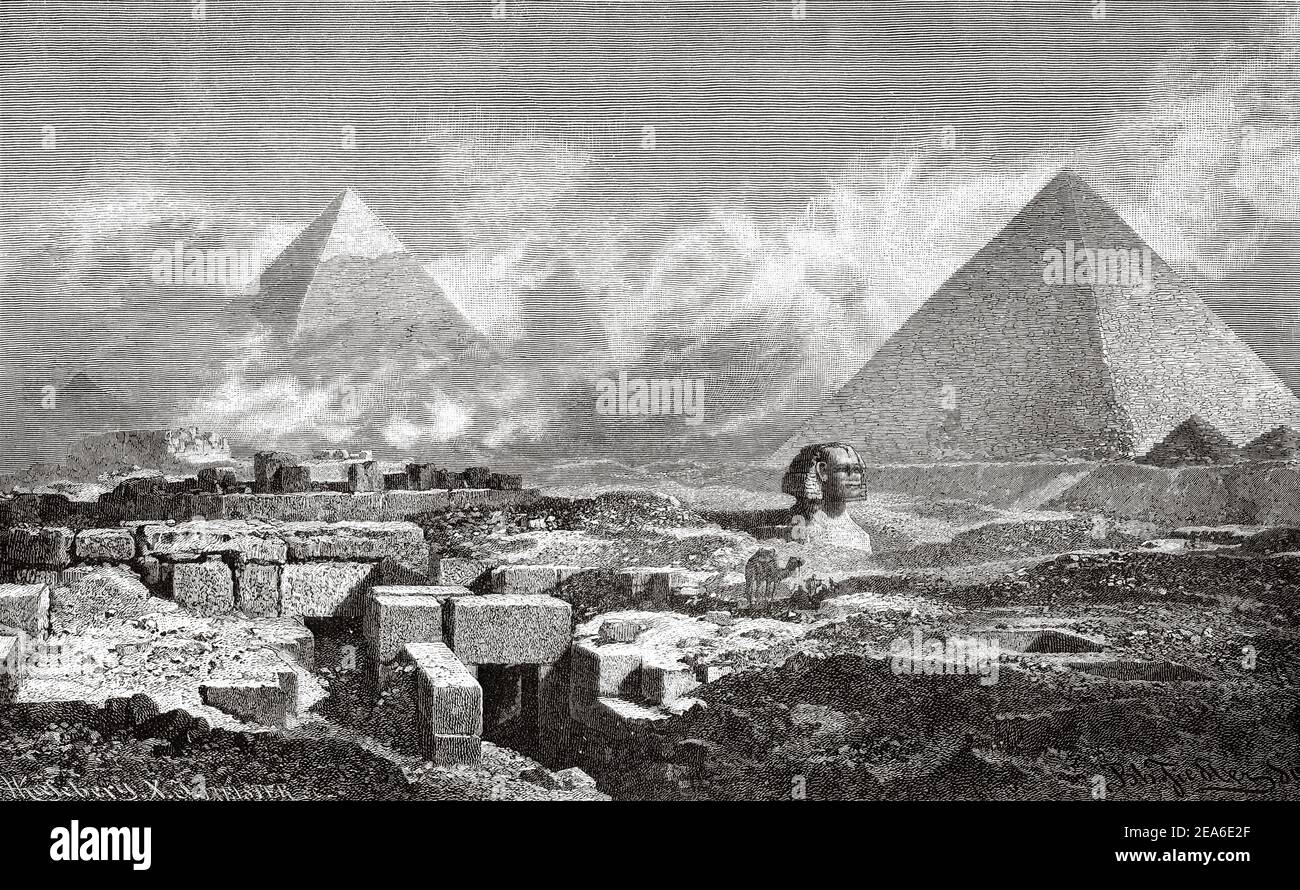 Engraving depicting the Pyramids of Giza and Sphinx. Ancient Egypt History. Old 19th century engraved illustration from El Mundo Ilustrado 1879 Stock Photo