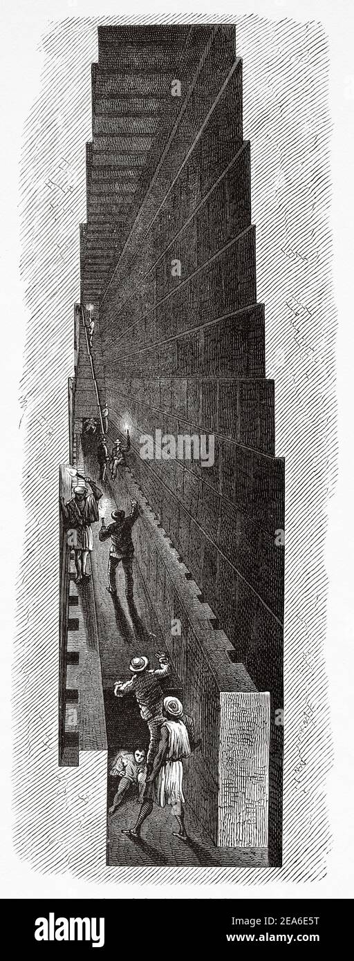 The Great Pyramid of Gizeh. Passage from the Second to the Third Gallery in the Great Pyramid, Giza. Ancient Egypt History. Old 19th century engraved illustration from El Mundo Ilustrado 1879 Stock Photo