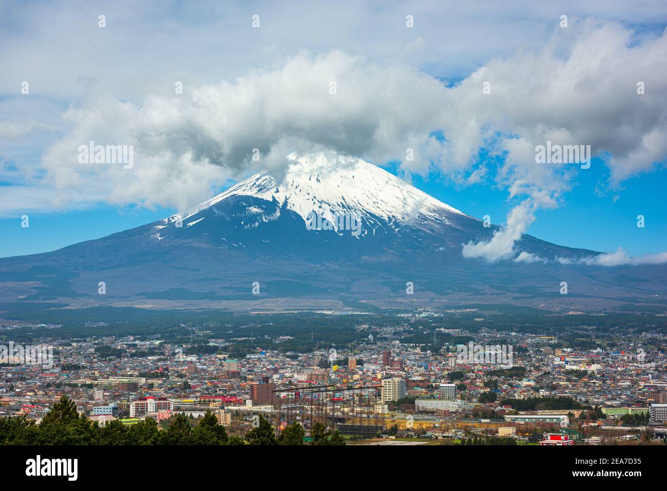 Gotemba City, Japan skyline with Mt. Fuji. Stock Photo