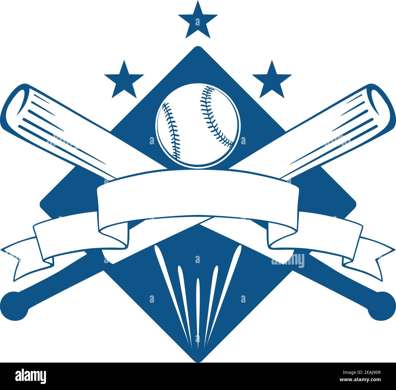 Championship or league baseball emblem with a blank wavy ribbon banner with copyspace over crossed bats and a ball superimposed on a diamond with star Stock Vector