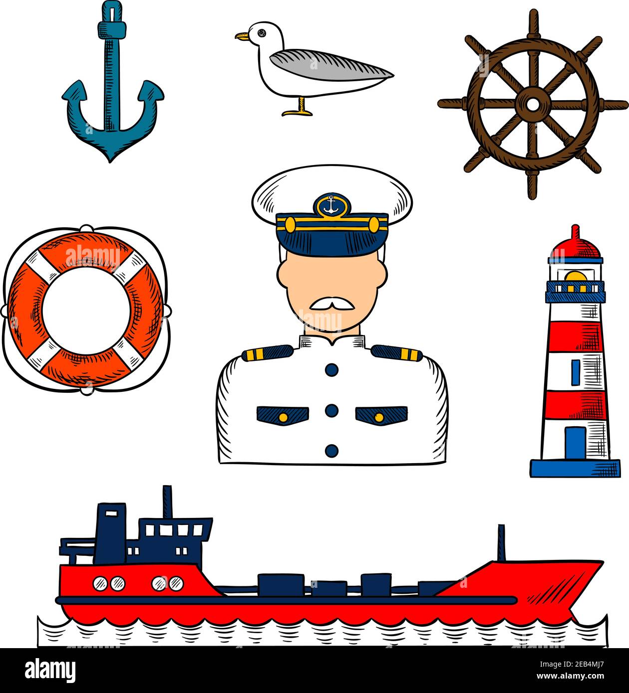 Sailor or captain profession infographic elements with moustached captain in white uniform, helm, tanker ship, anchor and lifebuoy, lighthouse and sea Stock Vector