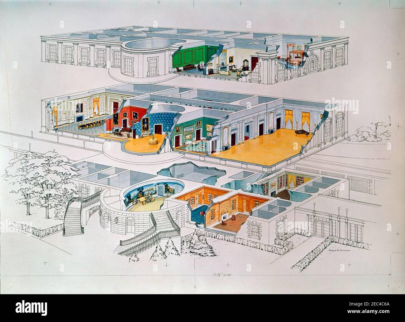 White House Rooms: Oval Office, Cross Hall, East Room, China Room, Vermeil Room, Monroe (Treaty) Room, Red Room, State Dining Room, Library. Cross-section drawing of the White House made by artist Robert W. Nicholson; drawing depicts rooms inside the White House, outlining changes to take place during the renovation. [Notes: This is a copy negative either made by or provided to the White House in conjunction with the White House Historical Associationu0027s 1962 publication of u0022The White House: An Historic Guide,u0022 photography by staff of the National Geographic Society. This image i Stock Photo