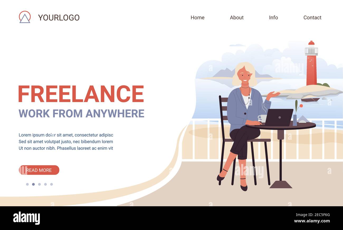 Freelance work from everywhere slogan motivation vector illustration. Cartoon website template with freelancer woman character working with laptop on terrace with seascape panorama and lighthouse Stock Vector