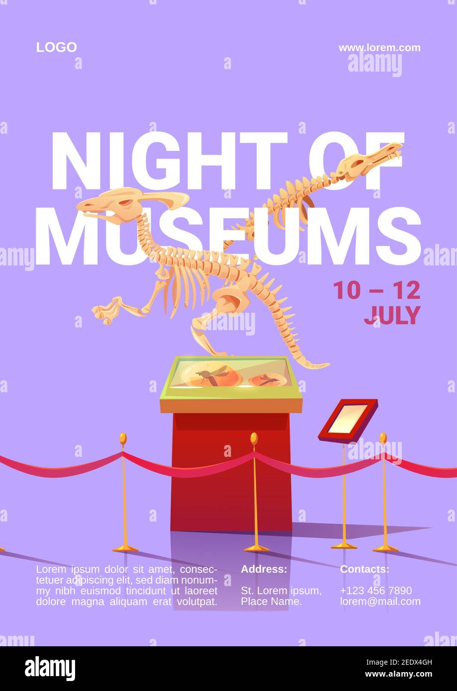 Night of museums poster. International event for remain open late into night exhibitions. Vector cartoon illustration of prehistoric exhibits, dinosaur skeleton and fossil extinct animals Stock Vector