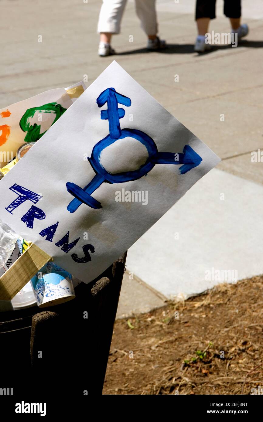 Close-up of gay pride symbol banners in a garbage can Stock Photo