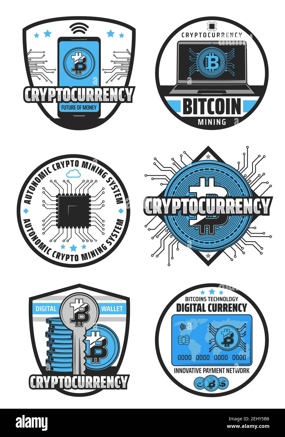 Bitcoin cryptocurrency, digital currency mining and blockchain technology. Vector icons of crypto currency mine, digital wallet in smartphone and cred Stock Vector