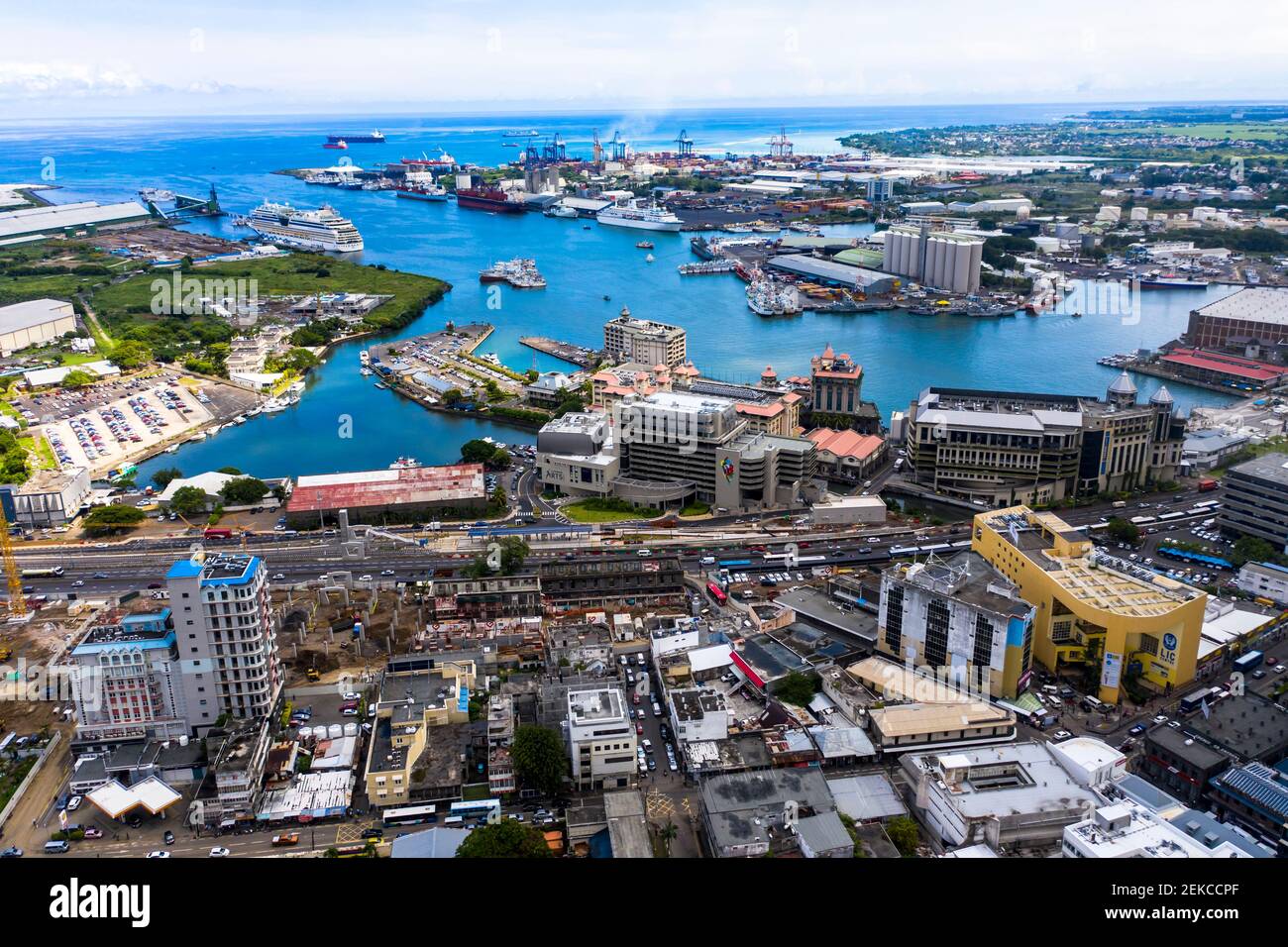 Cityscape by ocean at Port Louis, Mauritius Stock Photo