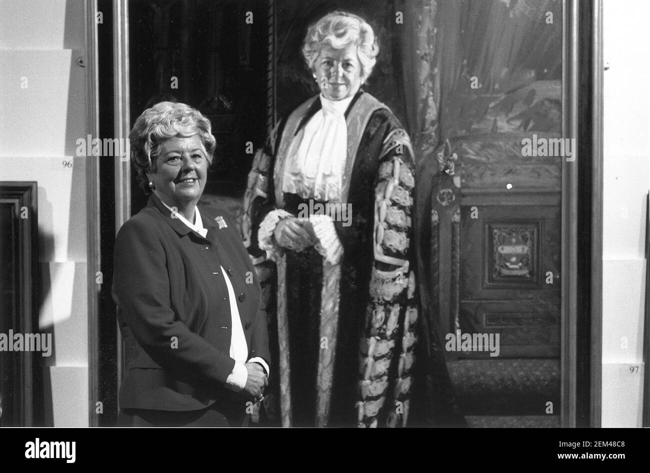 Betty Boothroyd /The Speaker of the House of Commons with a painting by Andrew Festing RP at the opening of the Royal Society of Painters Exhibition Stock Photo