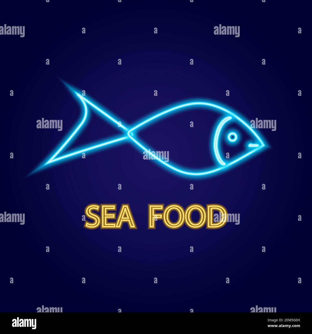 Seafood neon sign. Fish on background. Vector illustration in neon style for fish or seafood restaurant, cafe, store. Stock Vector