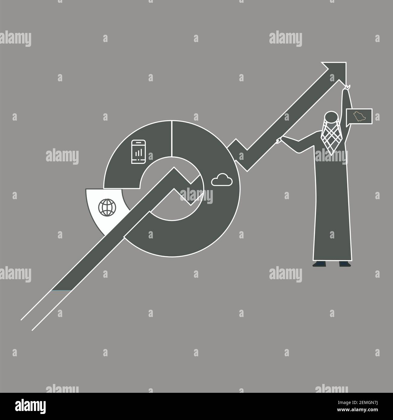 economical growth of Saudi Arabia, Saudi Man Showing the Strategy, Arab economy growth Stock Vector