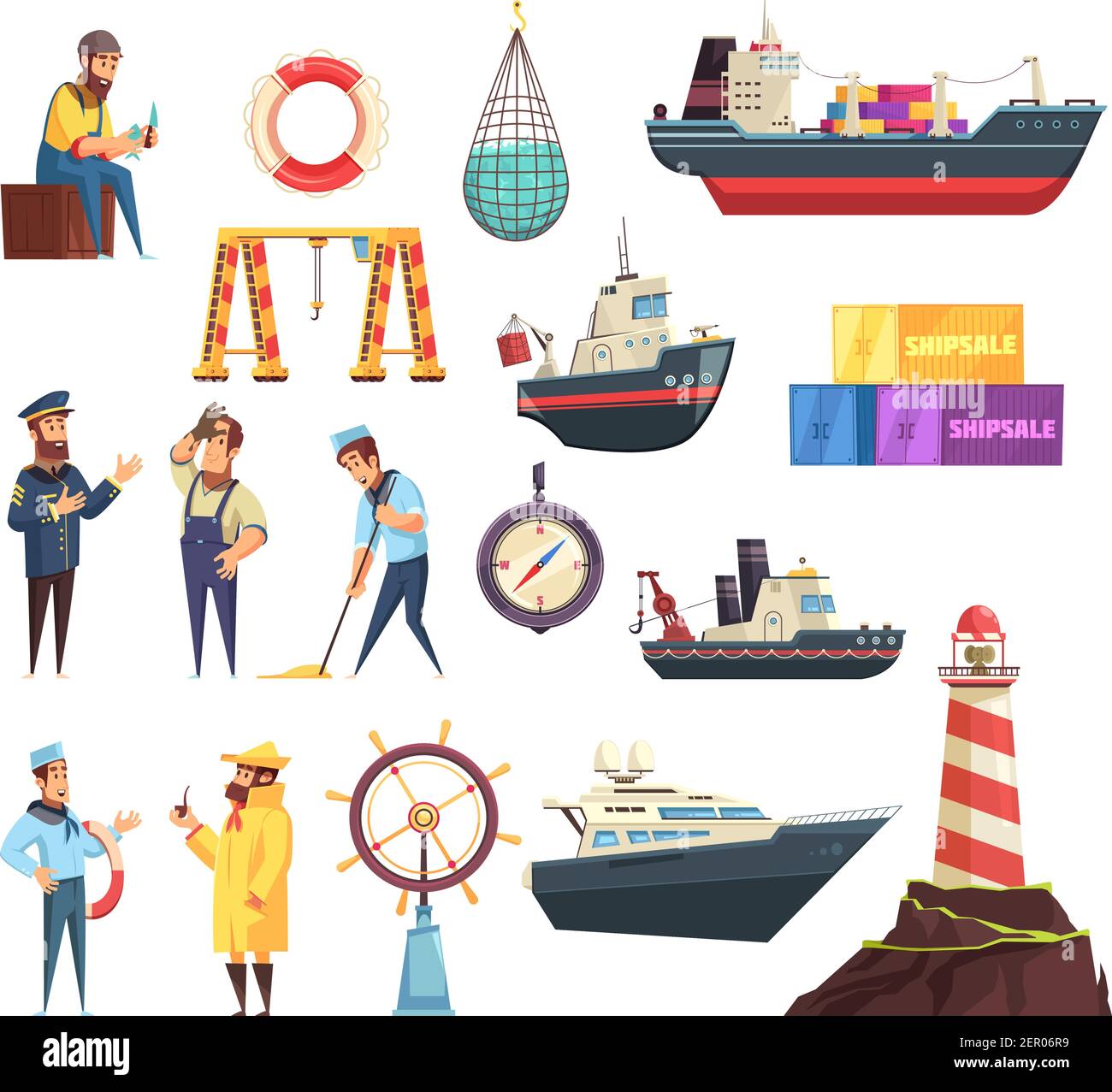 Cartoon set of sailors, captain, ships and nautical elements including helm, beacon, fishing net isolated vector illustration Stock Vector