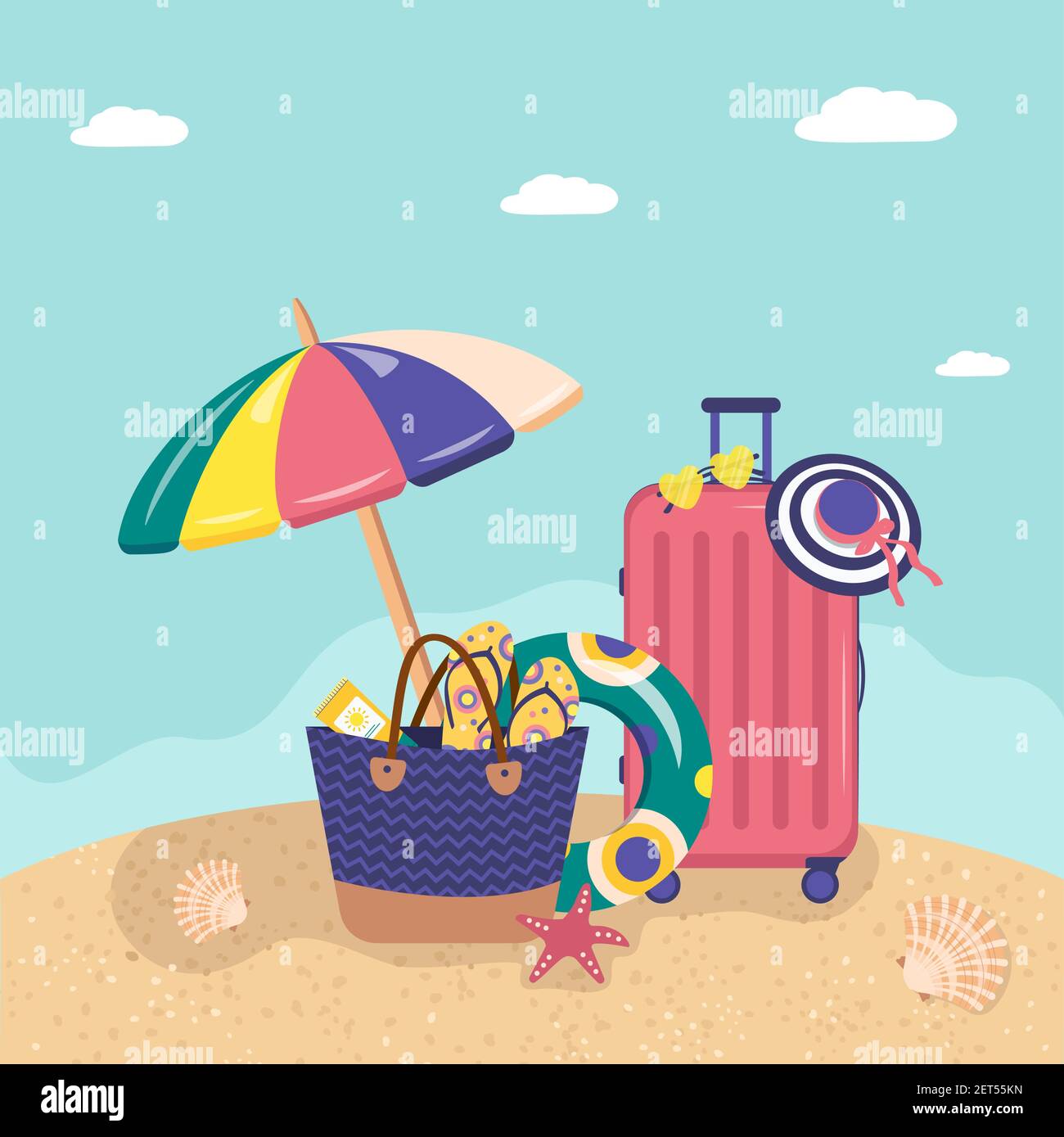 Icons of summer items on the sandy beach Stock Vector