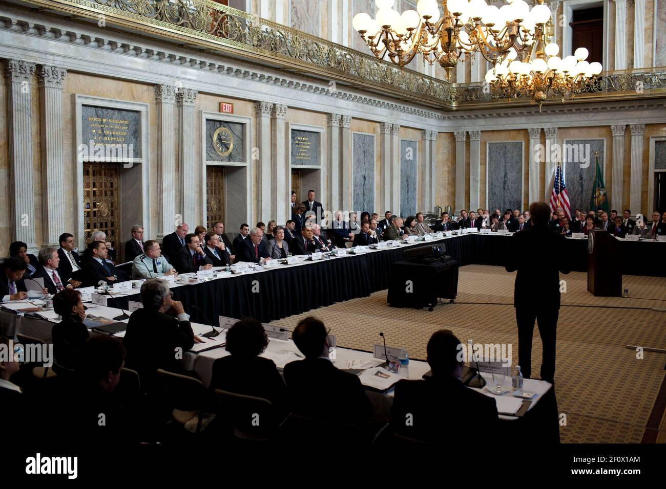 President Barack Obama participates in a Cabinet-level earthquake exercise at the U.S. Department of the Treasury, in Washington, D.C., Oct. 21, 2009 Stock Photo