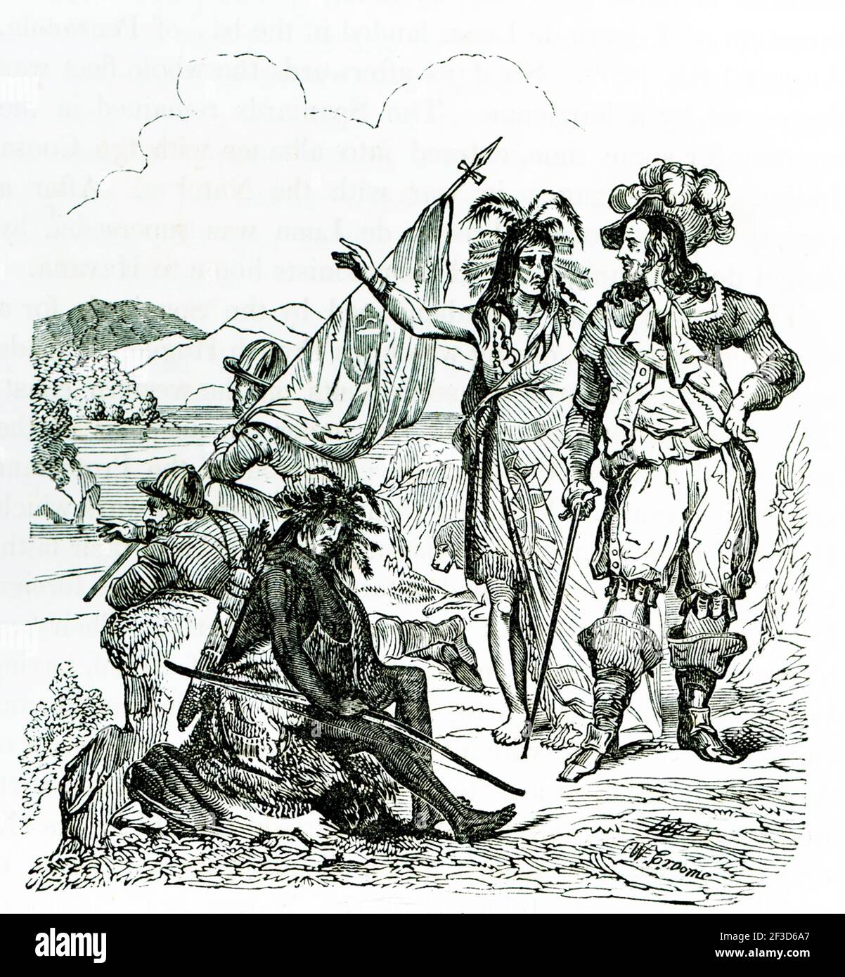 This 1840s illustration shows de Soto discovering the Mississippi River. On May 8, 1541, south of present-day Memphis, Tennessee, Spanish conquistador Hernando de Soto reaches the Mississippi River, one of the first European explorers to ever do so. Stock Photo