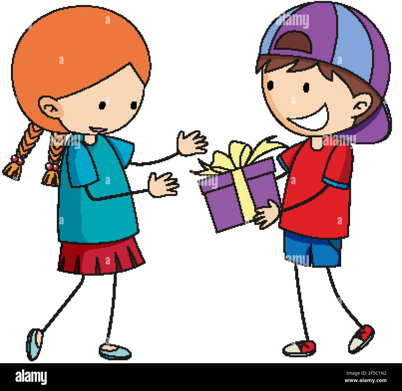 Boy giving a gift to a cute girl cartoon character in hand drawn doodle style isolated illustration Stock Vector