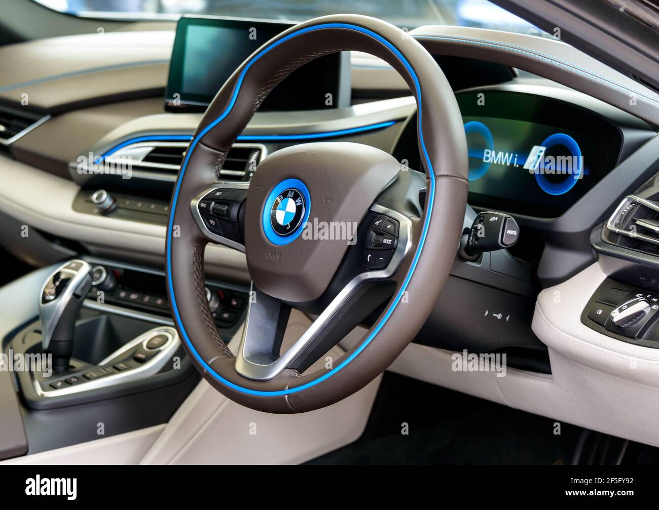 BMW i8 dashboard. The BMW i8 is a plug-in hybrid sports car. Stock Photo