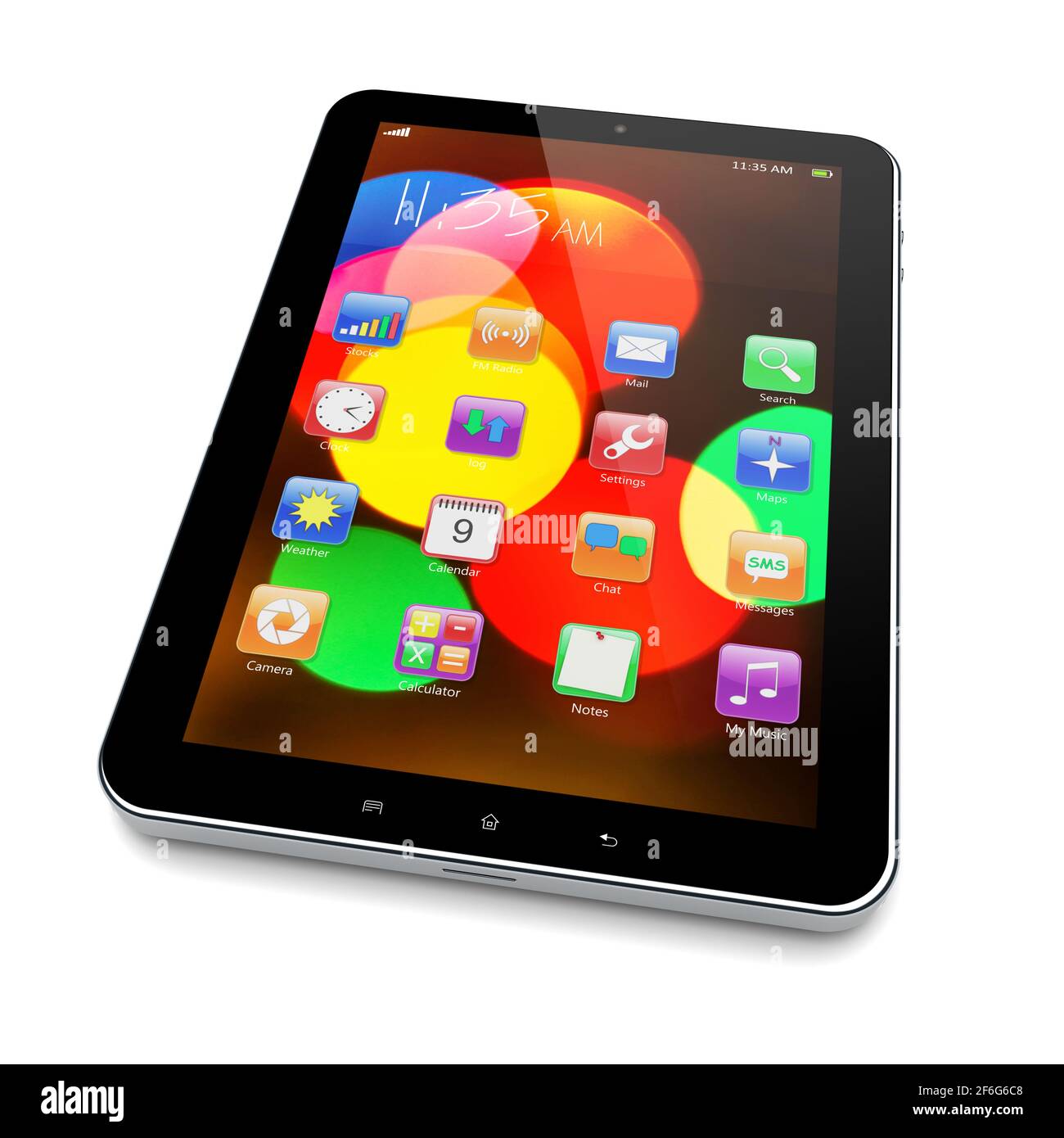 Tablet PC computer with colorful bokeh wallpaper and apps on a screen Stock Photo