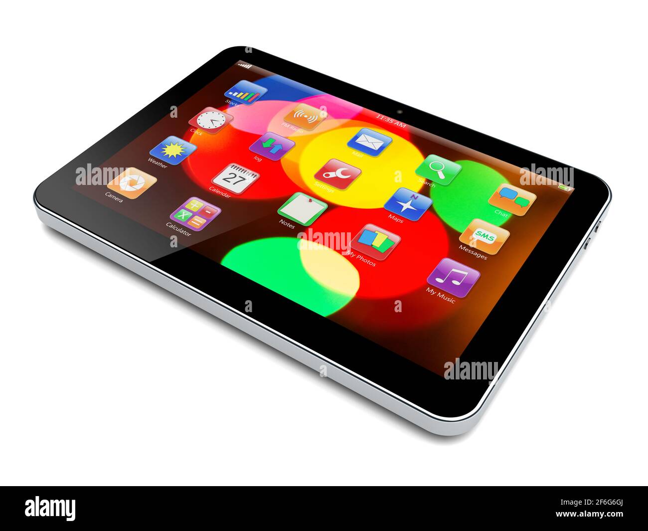 Tablet PC computer with colorful bokeh wallpaper and apps on a screen Stock Photo