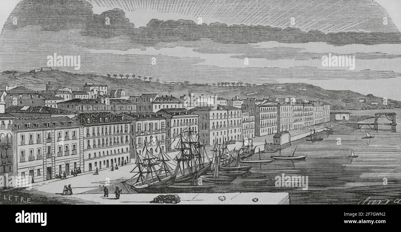 Spain, Santander. Panoramic view of the harbour. Illustration by Letre. Engraving by Sierra. Crónica General de España, Historia Ilustrada y Descriptiva de sus Provincias. Castilla-La Vieja, 1870. Stock Photo