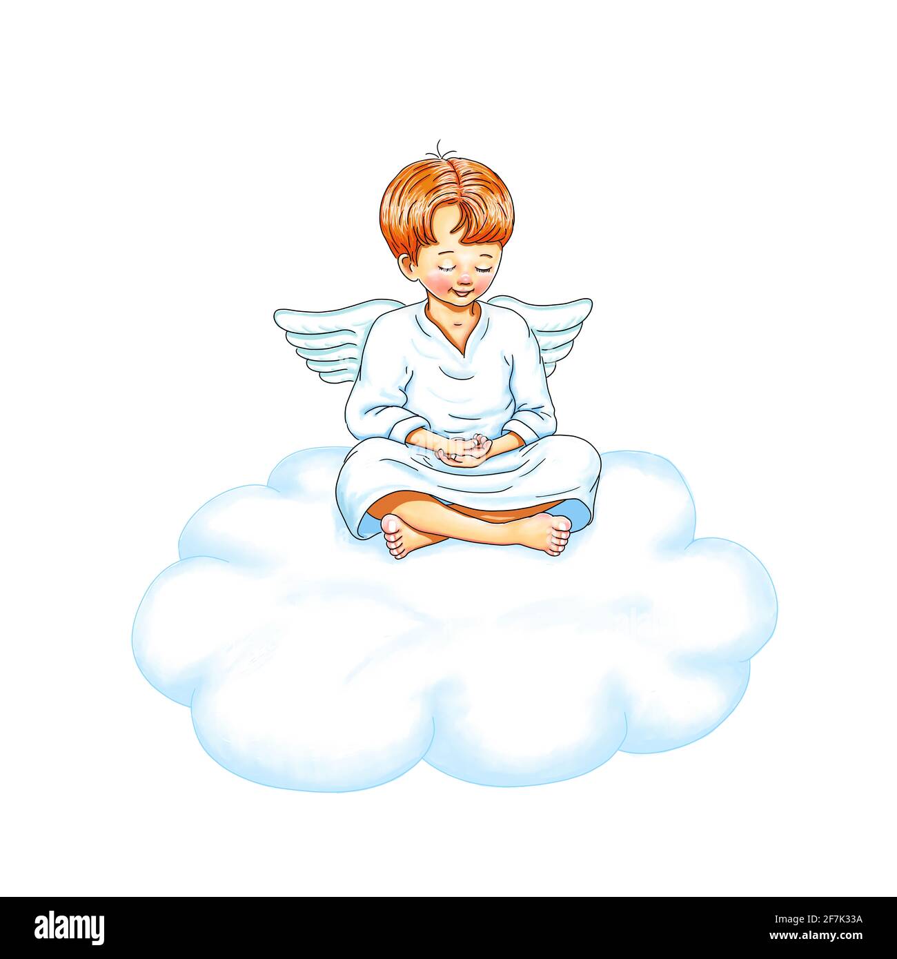 Angel barefoot elohim archangel protector energy lightworker love sitting on cloud meditation new earth buddha yoga smiles smile joy mindfulness peace Stock Photo