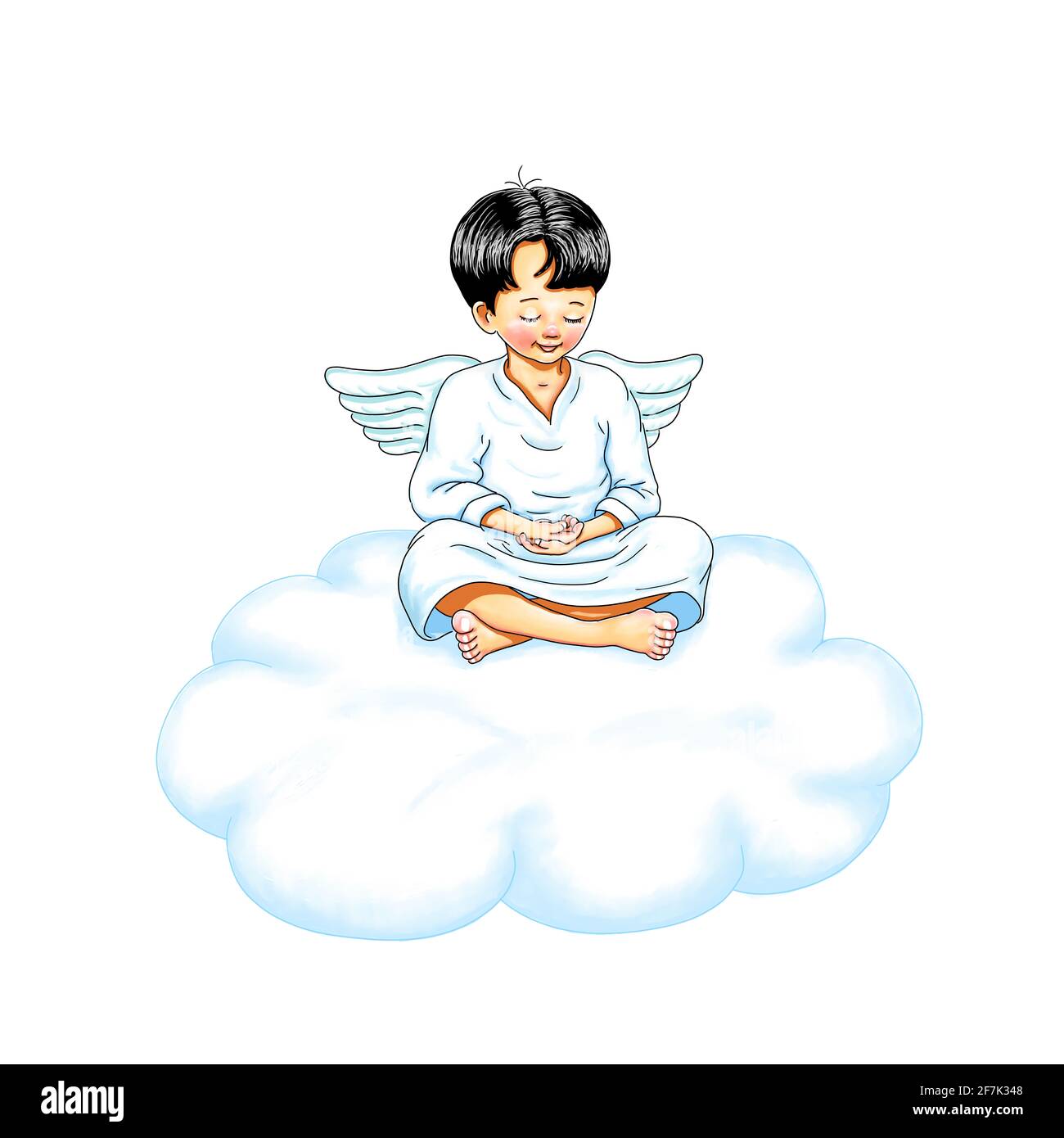 Angel barefoot elohim archangel protector energy lightworker love sitting on cloud meditation new earth buddha yoga smiles smile joy mindfulness peace Stock Photo