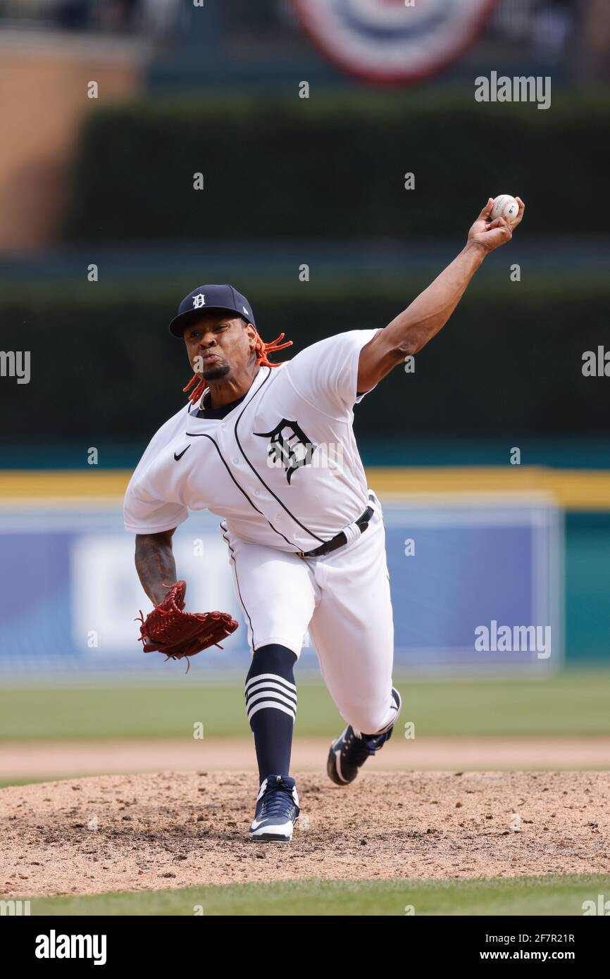 DETROIT, MI - APRIL 6: Gregory Soto (65) of the Detroit Tigers pitches during a game against the Minnesota Twins at Comerica Park on April 6, 2021 in Stock Photo