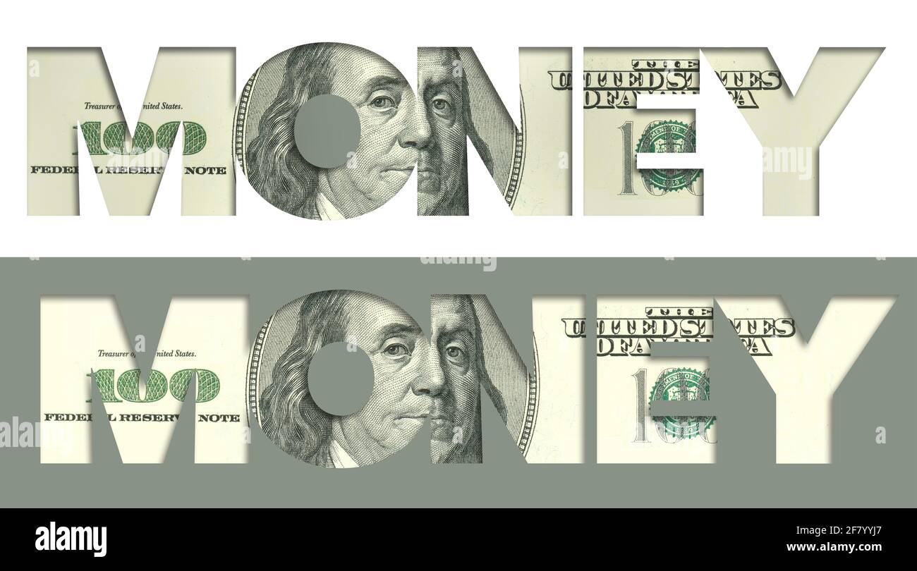 The word MONEY appears with a USA one-hundred dollar bill filling in the letters. Two versions in one design. This is a 3-D illustration. Stock Photo