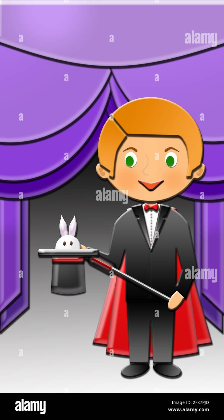 Cartoon of a cute Happy Magician, with a top hat and a magic wand, cutting wood.  This illustration is part of a collection of different professions. Stock Photo