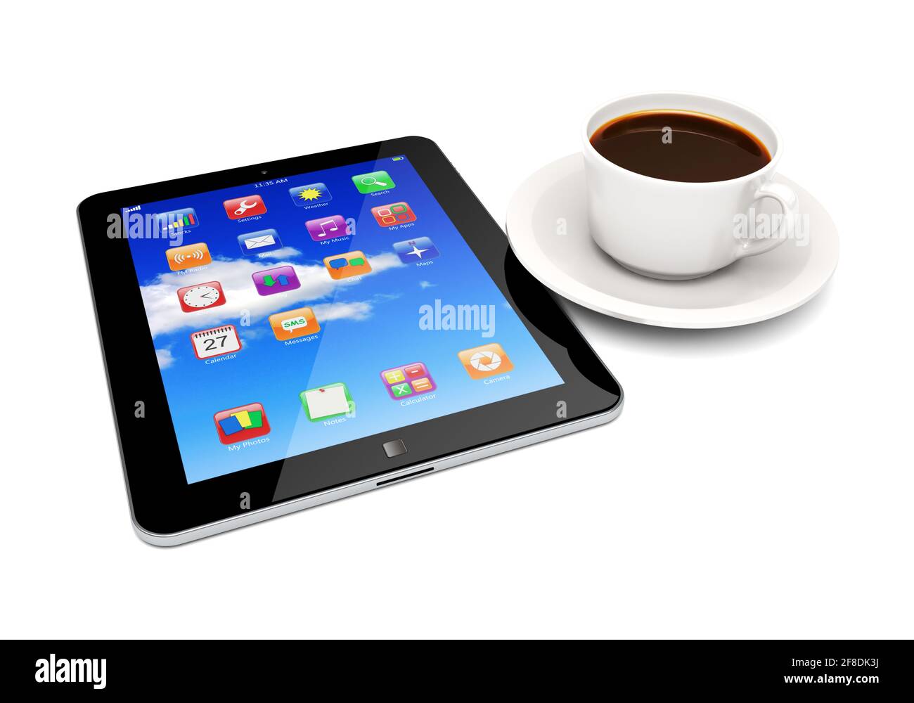 Tablet pc computer with sky and colored apps on a screen and coffee cup lying beside Stock Photo