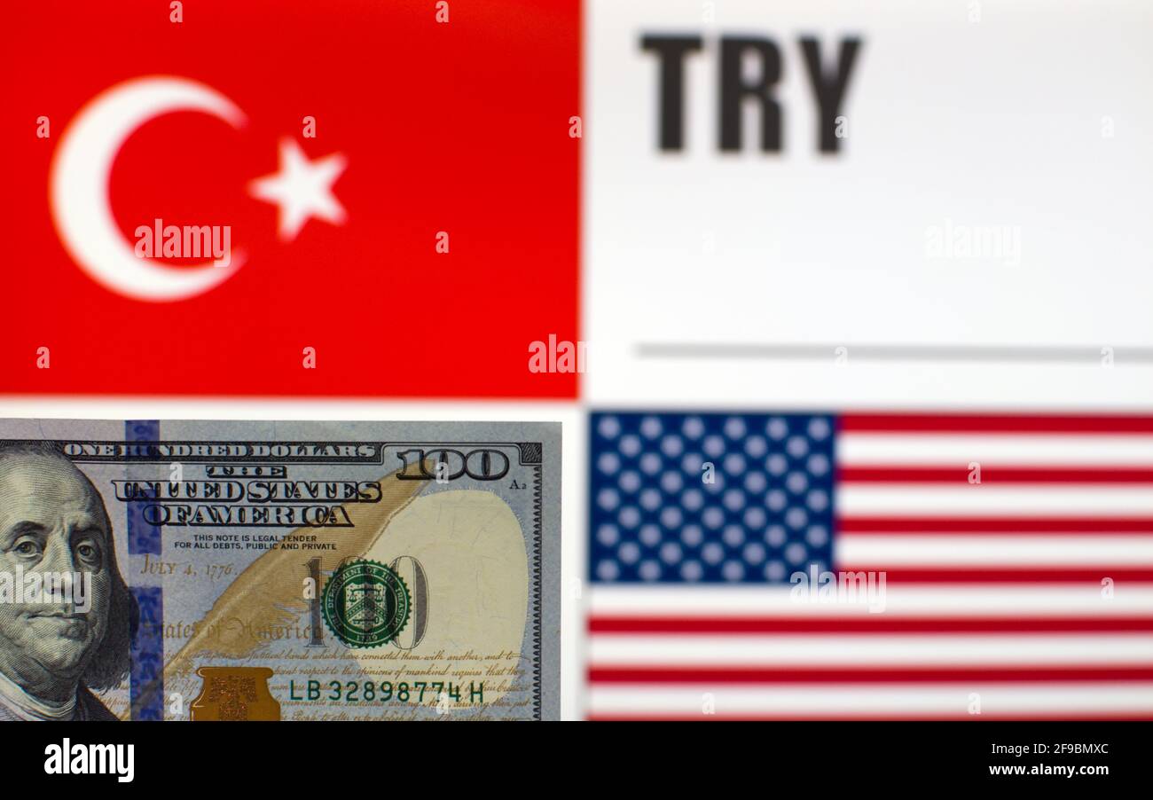 100 US dollars banknote on blurred background of Turkey and USA flags and currency code of Turkey. Exchange rate template Stock Photo