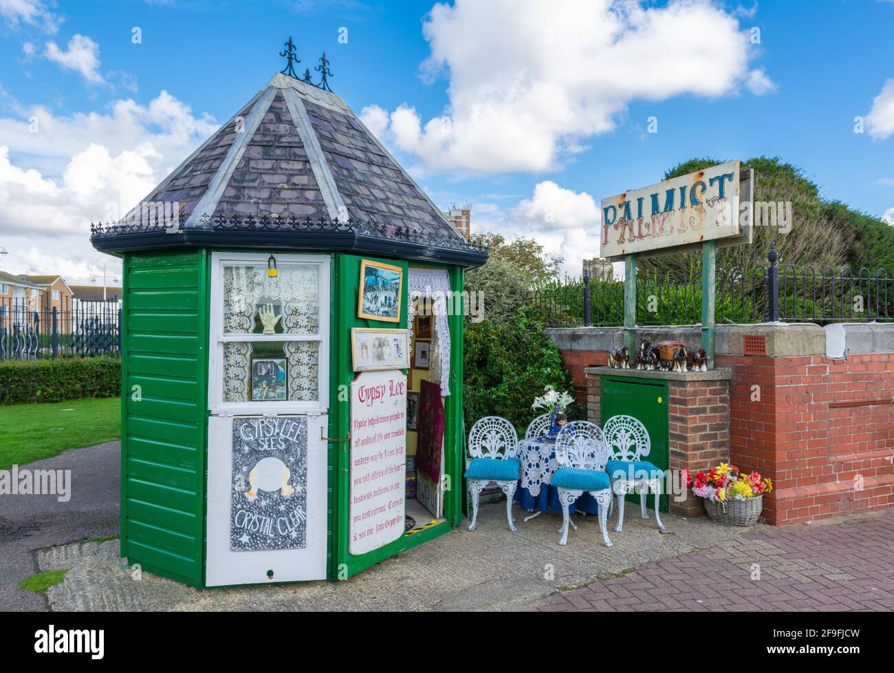 A Palmist's hut belonging to Gypsy Lee - A local Palmist on the seafront in Bognor Regis, West Sussex, England, UK. Stock Photo