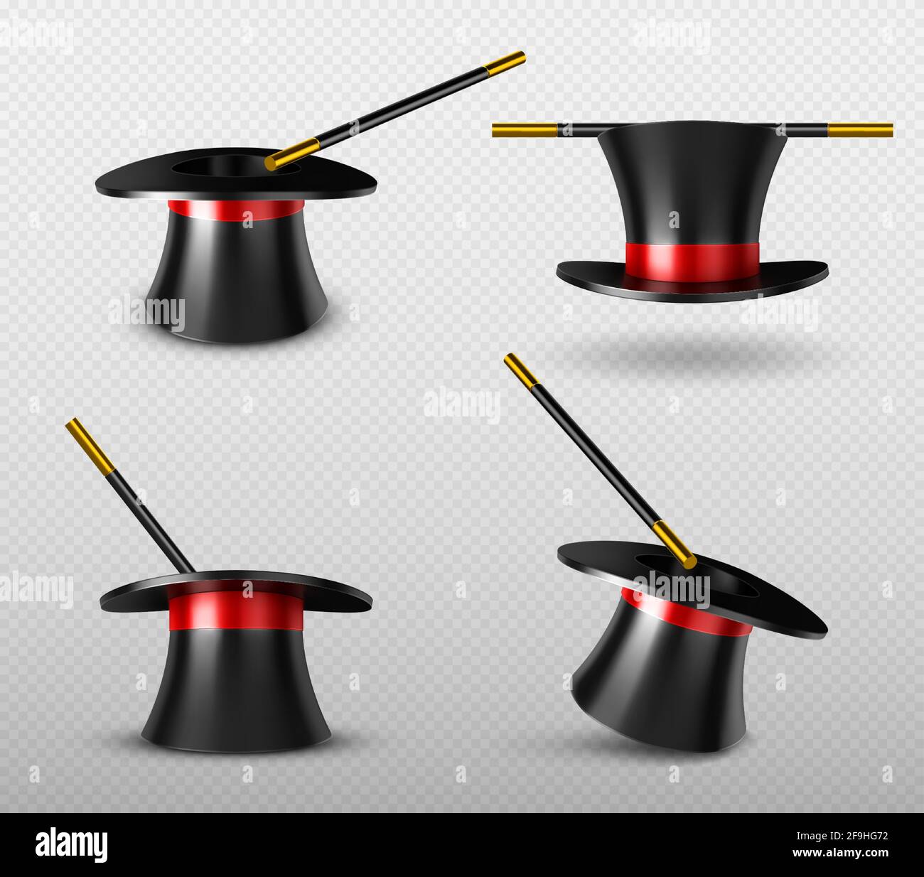 Magician hat and magic wand for circus show. Illusionist black cylinder and golden stick for tricks and miracles. Vector realistic set of 3d high cap with red ribbon and wizard wand Stock Vector