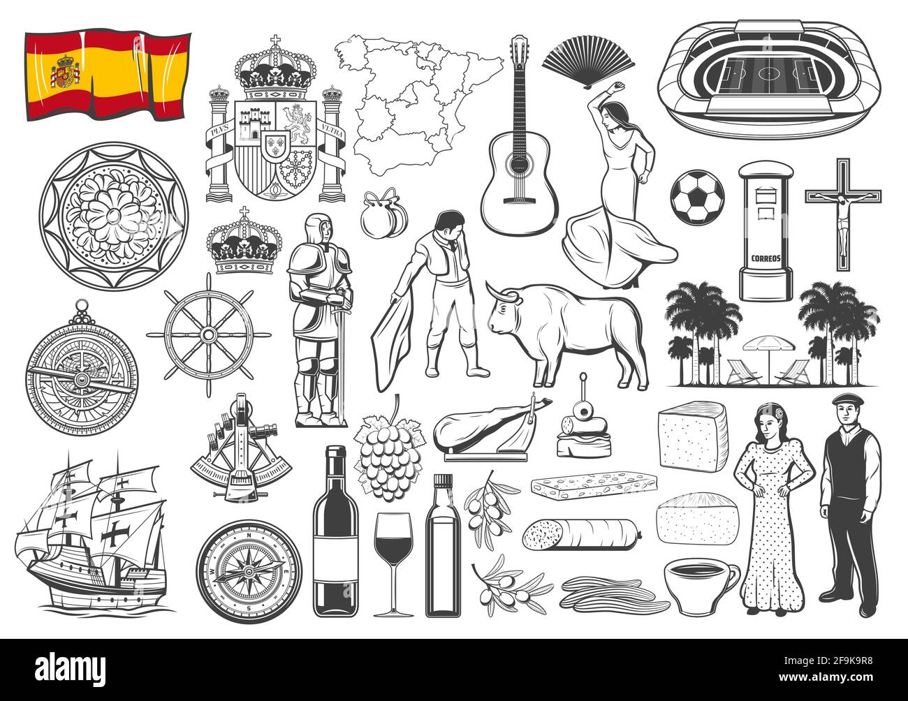 Spanish travel icons and symbols, vector map and flag, Barcelona and Madrid landmark icons. Spain flamenco and olives , food paella and bull corrida, Stock Vector