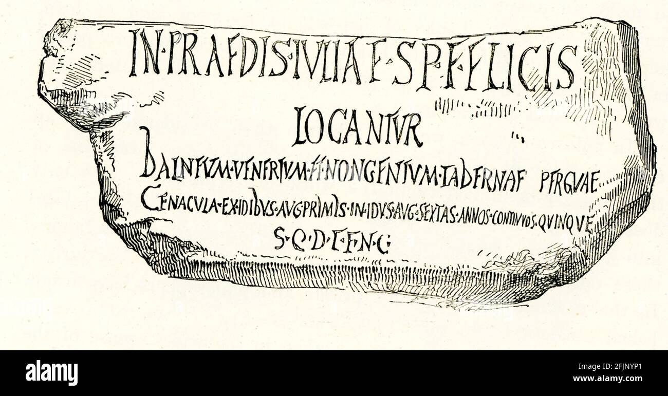 Bill Posted in Pompeii. Translation: In the inheritance of Julia Felix, daughter of Spurius Felix, is offered to let, from the first to the sixth of the Ides of August, for a term of five years, a bath called Venus’s [ET NONGENIUM?], some shops, stallls, and upper rooms. They will not be let to any one exercising an infamous profession.” The House of Julia Felix, also referred to as the praedia of Julia Felix, is a large Roman property on the Via dell'Abbondanza in the city of Pompeii. After the earthquake of 62 A.D., the owner of this sumptuous and elegant house, Julia Felix, daughter of Spur Stock Photo