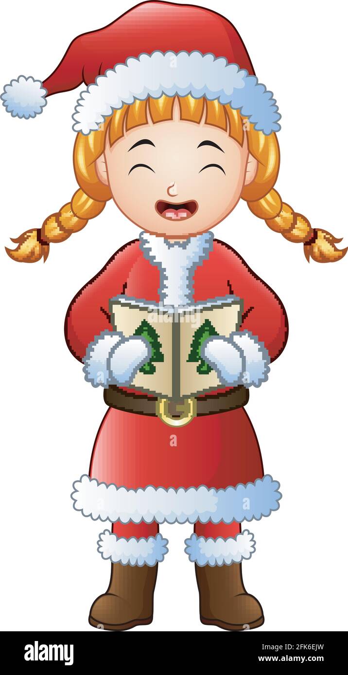 Vector illustration of Cartoon girl singing christmas carols Stock Vector