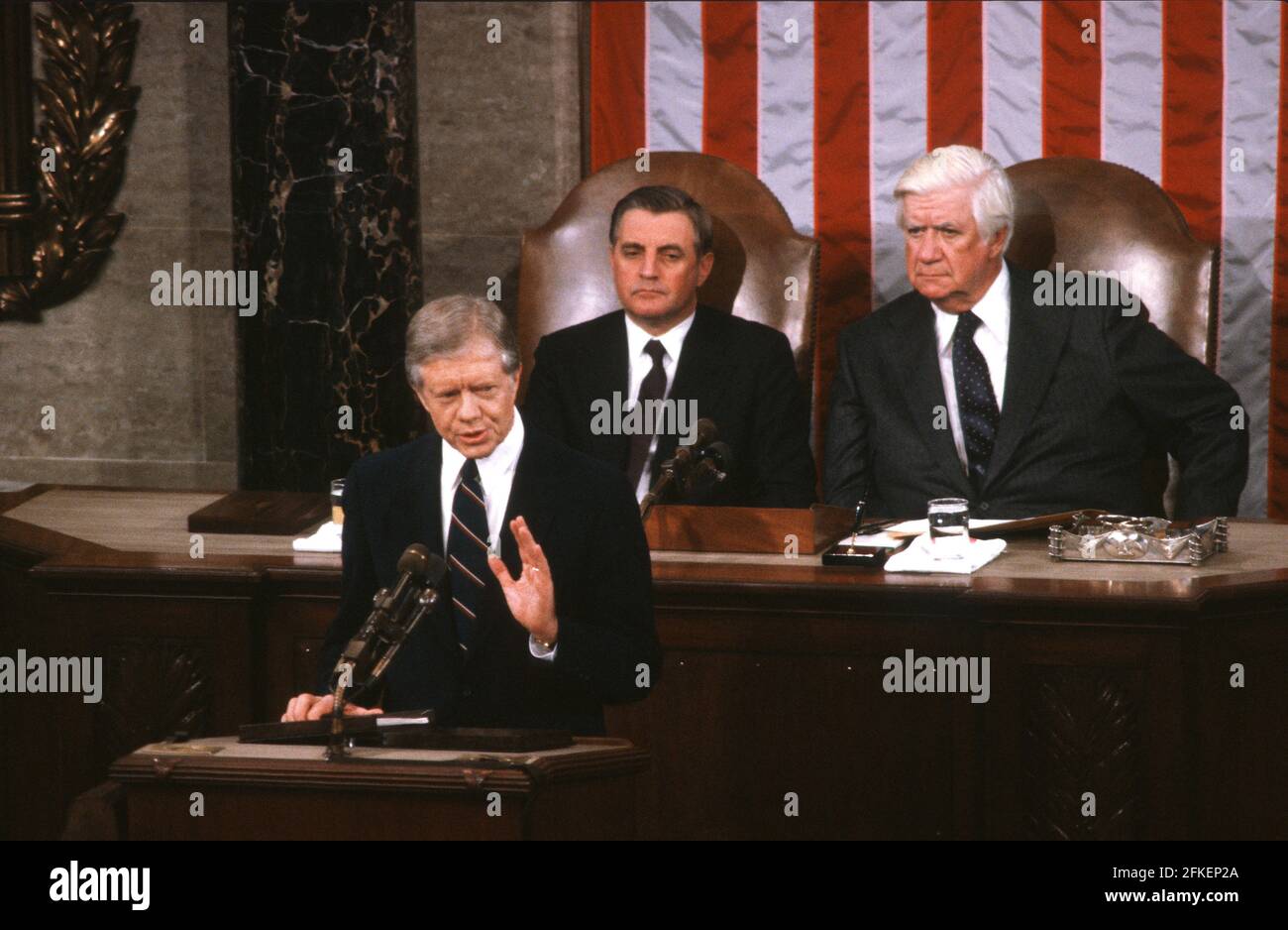 United States President Jimmy Carter addresses a Joint Session of Congress to report on the SALT II Vienna Summit following his signing a treaty between the U.S. and the U.S.S.R. on the Limitation of Strategic Offensive Arms and Related Documents with Leonid Il'ich Brezhnev, General Secretary and Member, Politburo, Communist Party of the Soviet Union Central Committee and Chairman of the Presidium of the Supreme Soviet of the United Soviet Socialist Republic (U.S.S.R.) in the US House Chamber of the US Capitol on Monday, June 18, 1979.Credit: Howard L. Sachs/CNP/Sipa USA Stock Photo