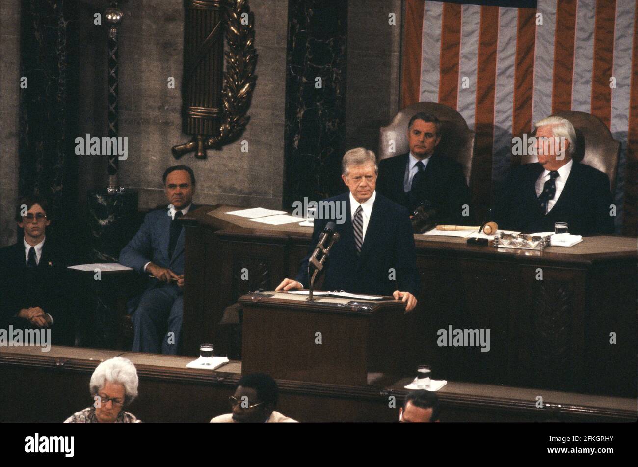 United States President Jimmy Carter addresses a Joint Session of Congress to report on the SALT II Vienna Summit following his signing a treaty between the U.S. and the U.S.S.R. on the Limitation of Strategic Offensive Arms and Related Documents with Leonid Il'ich Brezhnev, General Secretary and Member, Politburo, Communist Party of the Soviet Union Central Committee and Chairman of the Presidium of the Supreme Soviet of the United Soviet Socialist Republic (U.S.S.R.) in the US House Chamber of the US Capitol on Monday, June 18, 1979.Credit: Howard L. Sachs / CNP /MediaPunch Stock Photo