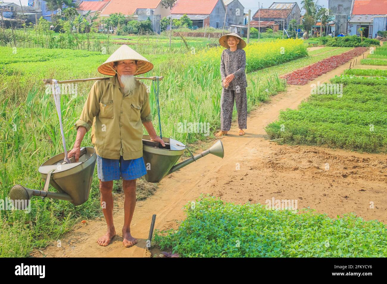 Tra Que, Vietnam - March 5 2014: Local elderly Vietnamese traditional farmer couple tend to their garden and vegetable crops in the rural countryside Stock Photo