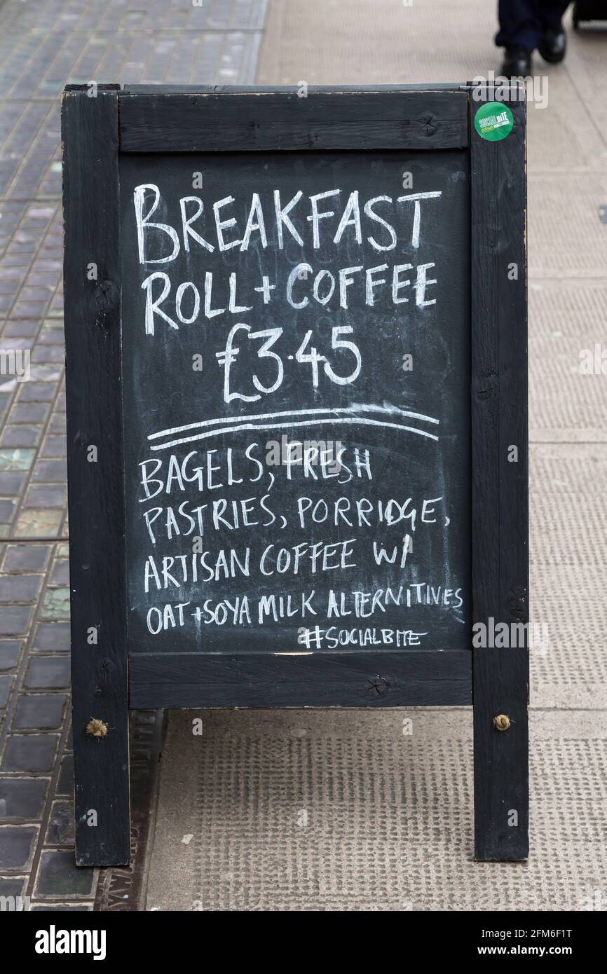 Social Bite breakfast takeaway chalkboard on a pavement, Glasgow ...