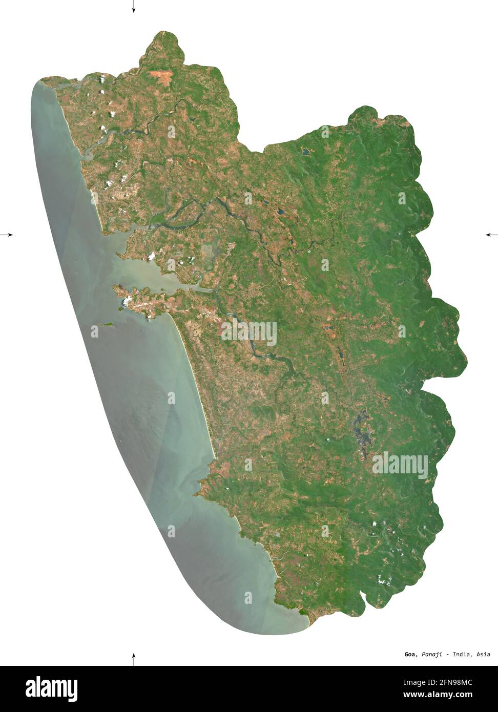 Goa, state of India. Sentinel-2 satellite imagery. Shape isolated on white. Description, location of the capital. Contains modified Copernicus Sentine Stock Photo