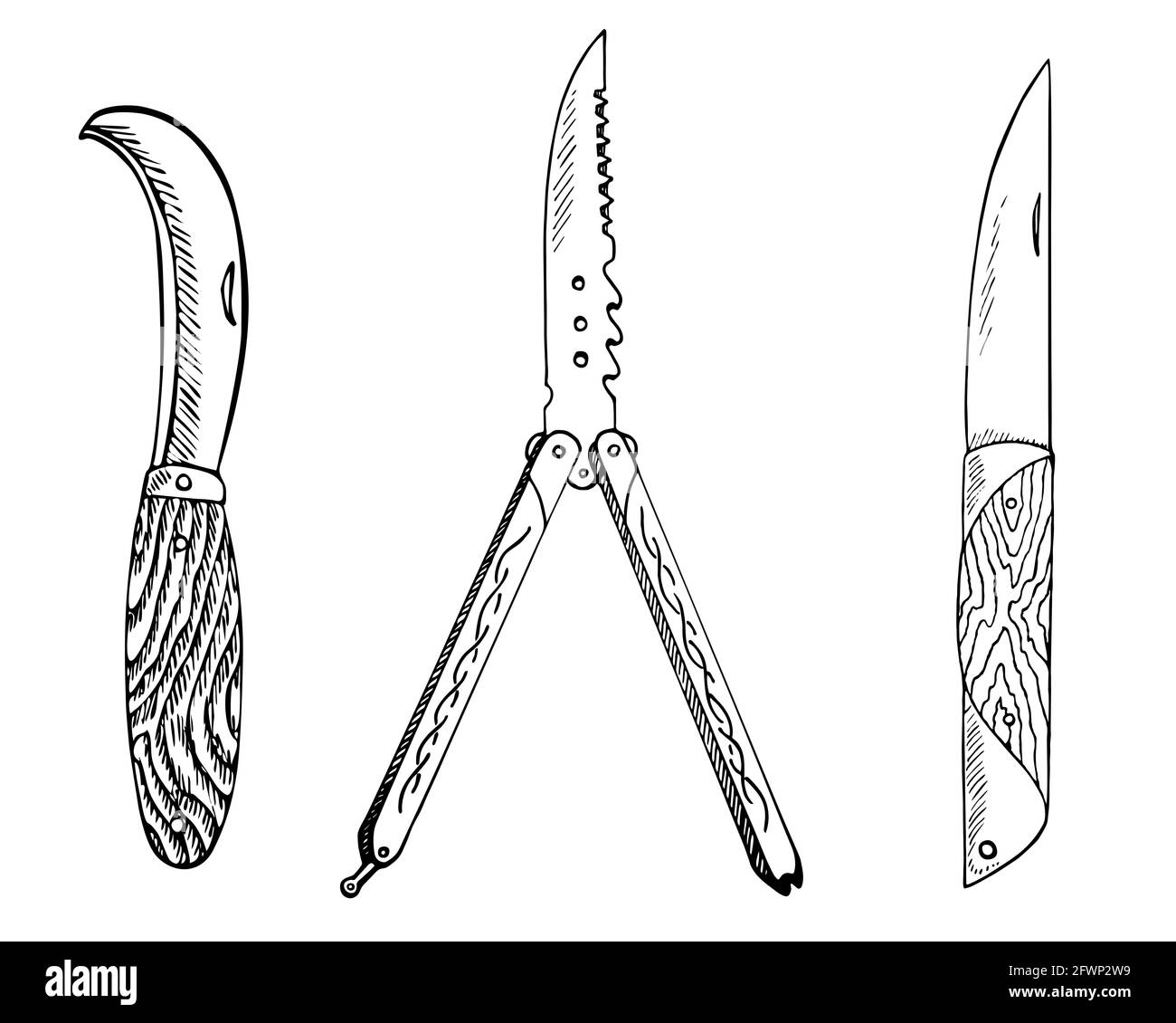 Garden knife with semicircular blade, Balisong (fan knife, butterfly knife, Batangas knif) folding pocketknife, Knife with straight blade Stock Photo