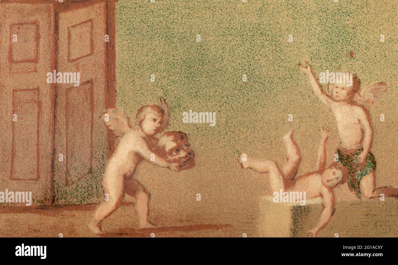 This 1880s illustration of a wall painting uncovered at Pompeii shows cupids playing the game coquemitaine, which translates from French to Engish as the Bogeyman game, where someone tries to scare another person as the Bogeyman, The Bogeyman is a type of mythical creature used by adults to frighten children into good behavior. Pompeii was a thriving and sophisticated Roman citythat was buried under meters of ash and pumice after the eruption of Mount Vesuvius in 79 A.D. Stock Photo