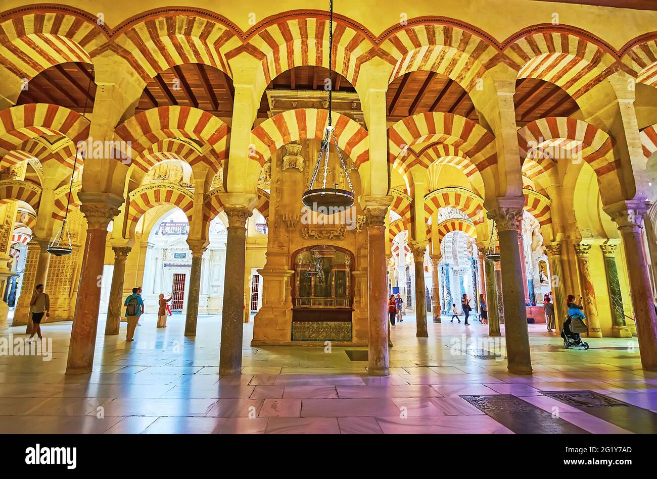 CORDOBA, SPAIN - SEP 30, 2019: Historic Hypostyle Hall of Mezquita-Catedral (Mosque-Cathedral) contains Catholic Chapels, incorporated into the walls Stock Photo