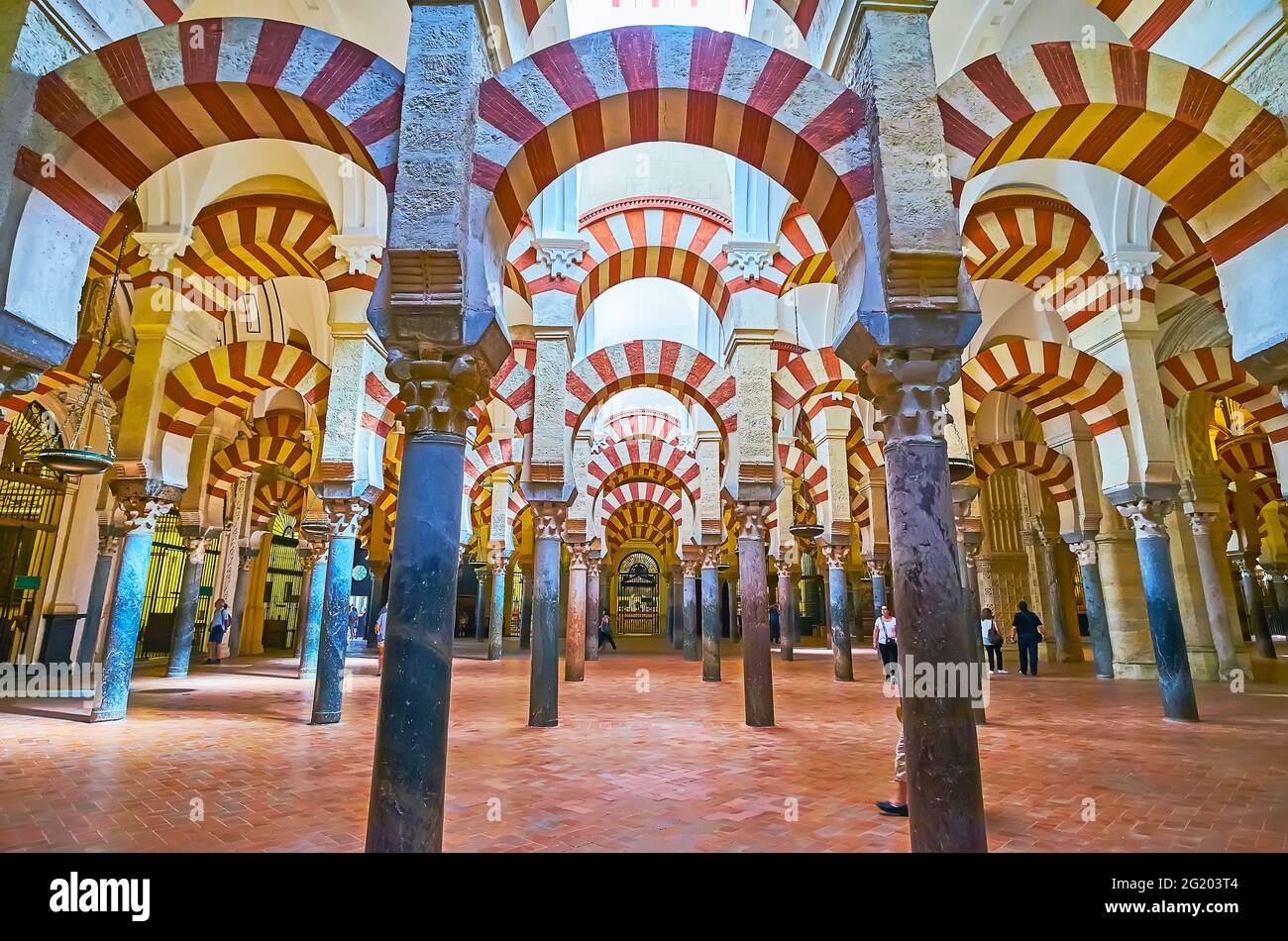 CORDOBA, SPAIN - SEP 30, 2019: Explore impressive hypostyle hall of Mezquita- Catedral with the scenic double arches and antique columns, on Sep 30 in Stock Photo