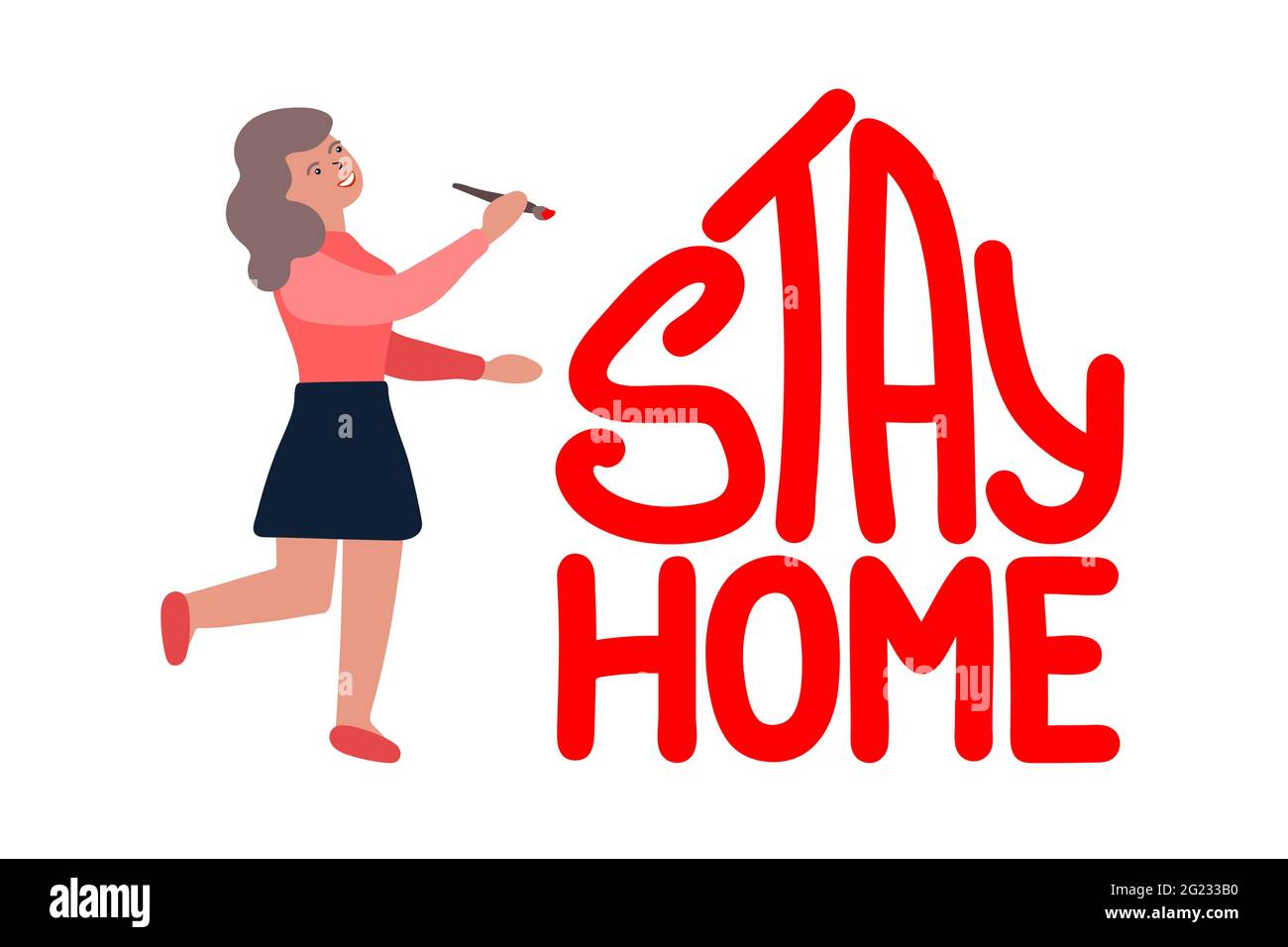 Stay home concept. Cartoon woman in quarantine isolated on white background. Smiling Woman woman draws motivation lettering. Young white girl draws a Stock Vector