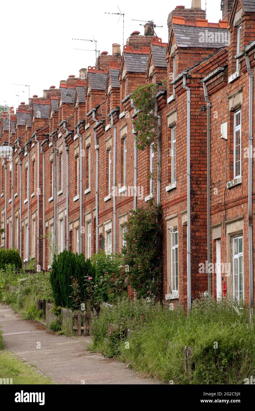 Row of terraced houses in the market town of Bolsover, Derbyshire, England. Stock Photo