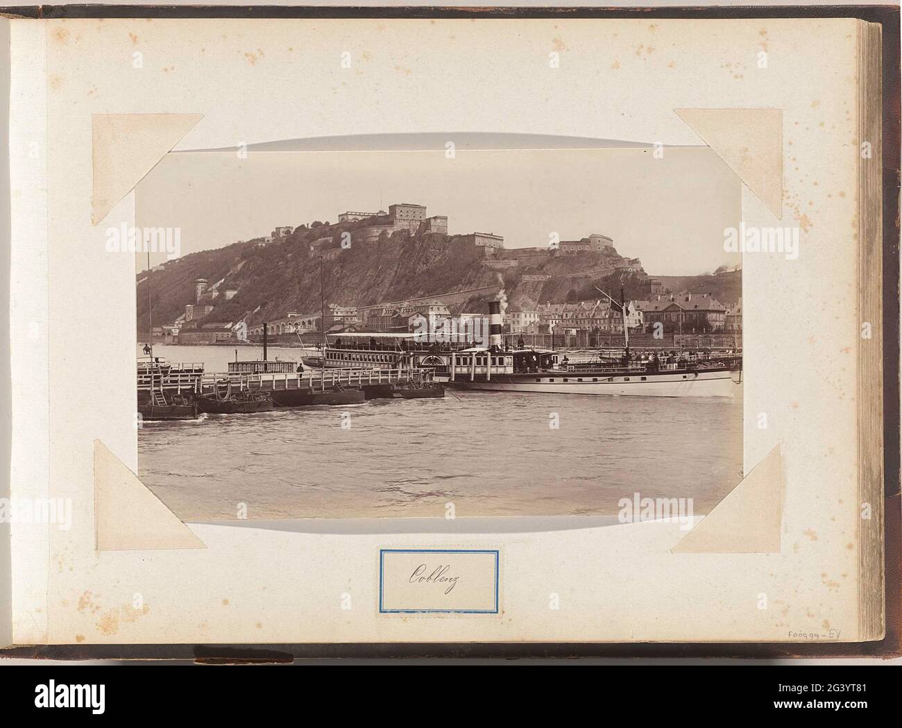 View of Fort Ehrenbreitstein and a pontoon bridge at Koblenz; COBLENZ. Part of album with 191 photos from a trip to and through South Africa. Stock Photo