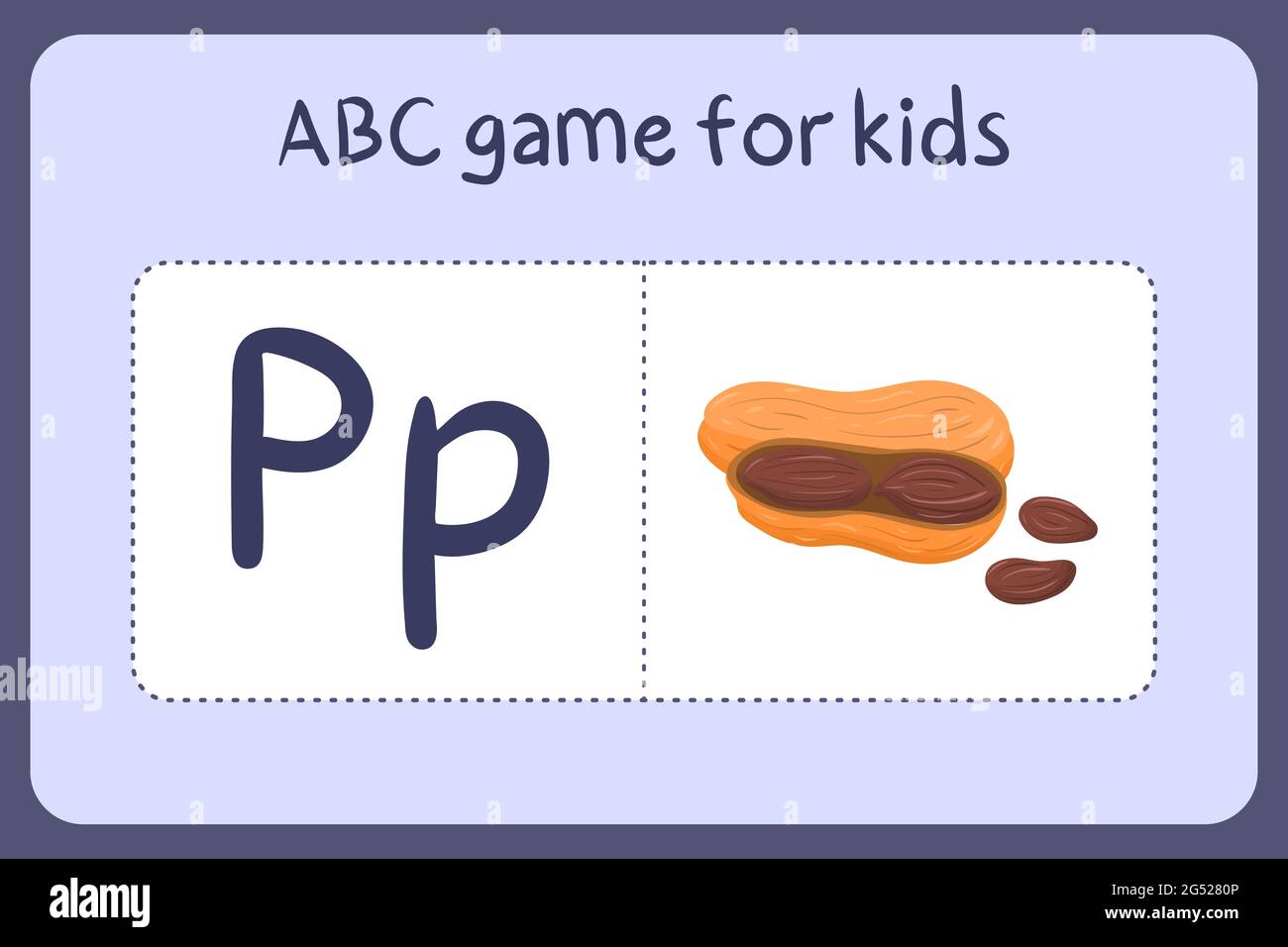 Kid alphabet mini games in cartoon style with letter P - peanut . Vector illustration for game design - cut and play. Learn abc with fruit and vegetable flash cards. Stock Vector