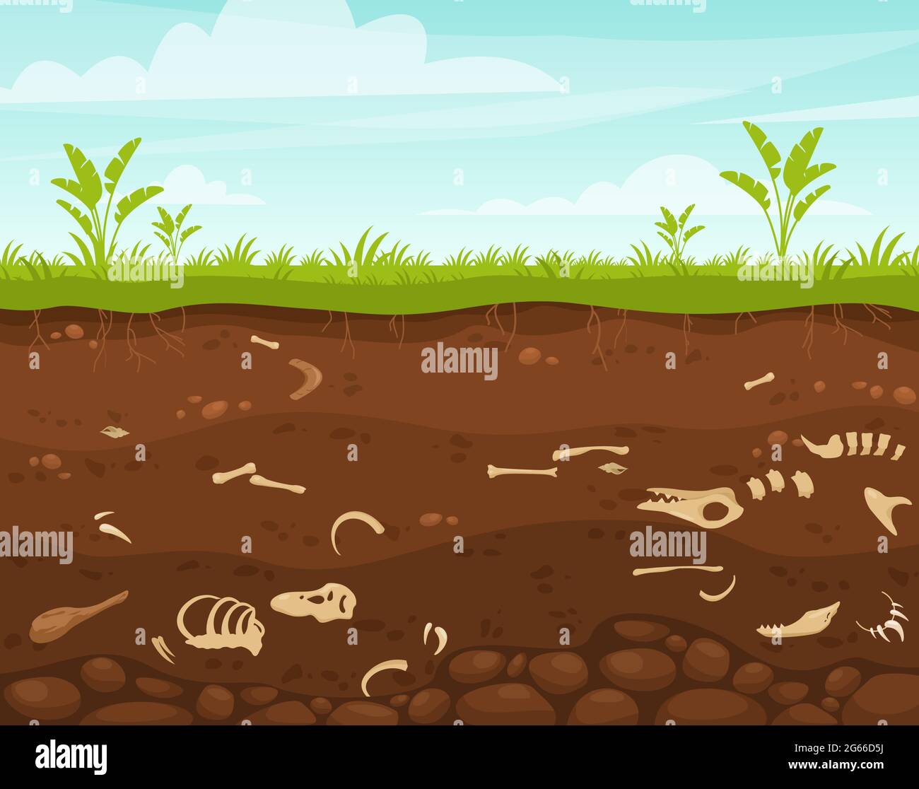 Archeology and paleontology flat vector illustration. Underground surface with dinosaur bones. Buried fossil animals, skeleton bone in dirt Stock Vector